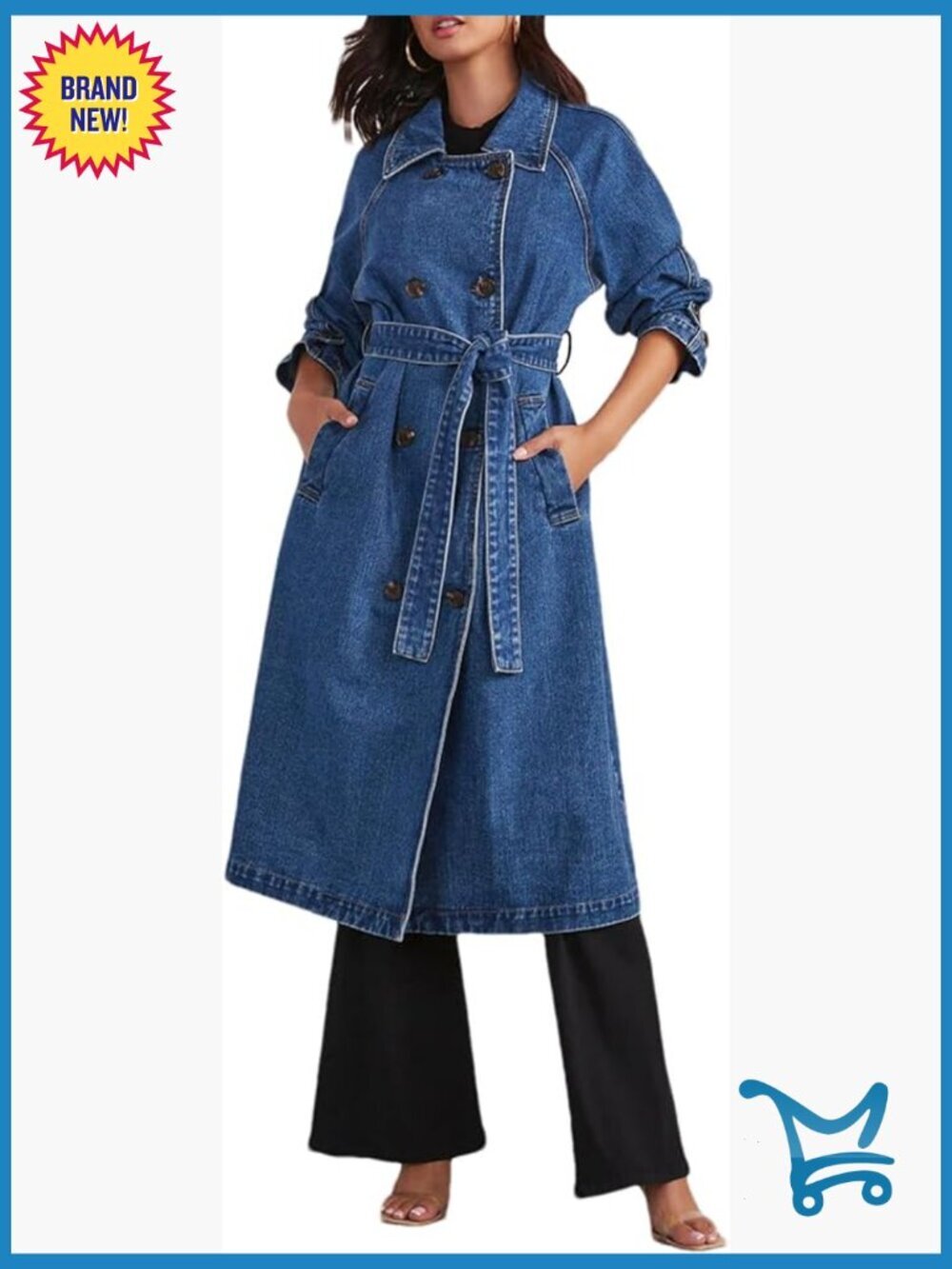 Double Breasted Denim Trench Coat Over Knee Long Sleeve Jacket